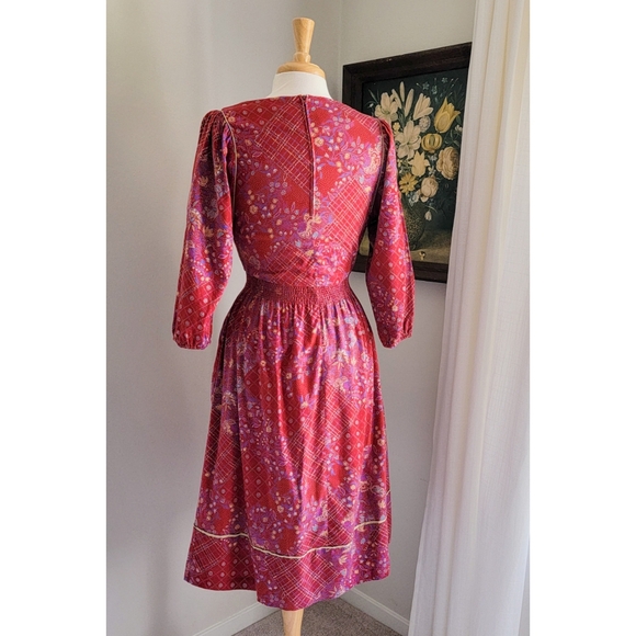 70s Red Floral Cinched Waist 1970s Vintage Midi Dress by ' Belle France ' - Picture 7 of 8